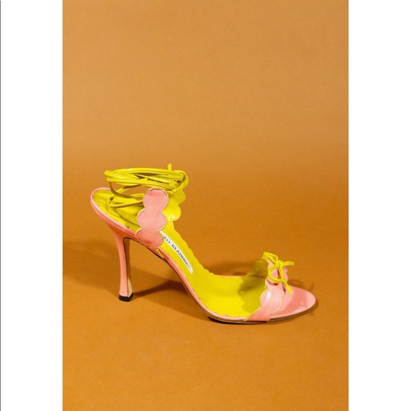 Bubblegum pink and yellow leather scalloped strappy sandals. - Picture 4 of 5